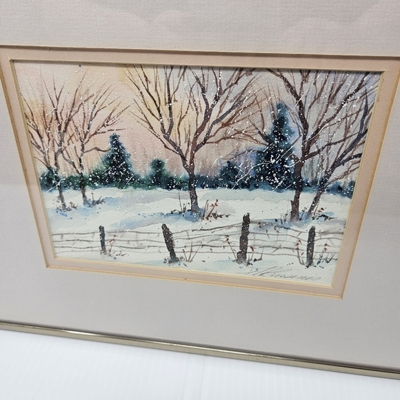 Watercolor Painting Winter Country Scene With Fence & Snow Artist Signed 12 x 10 - Picture 7 of 7